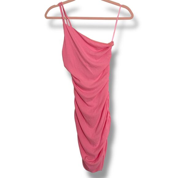Princess Polly Dresses & Skirts - Princess Polly Pink Ribbed One-Shoulder Ruched Bodycon Midi Dress NWT Size 4